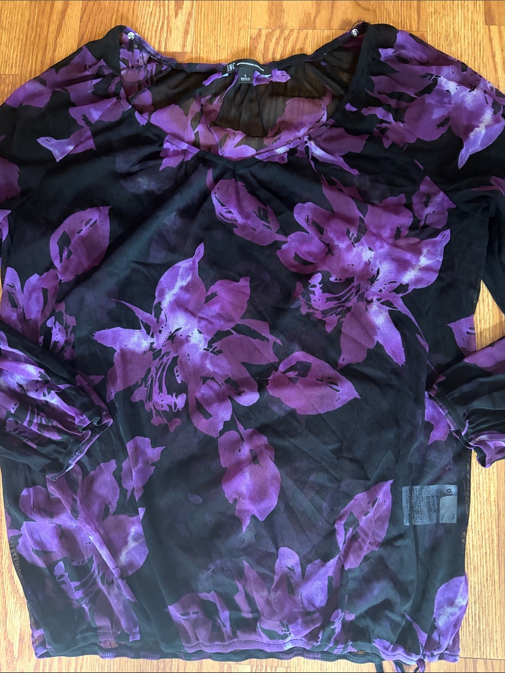INC International Concepts Black & Purple Floral Sheer Blouse